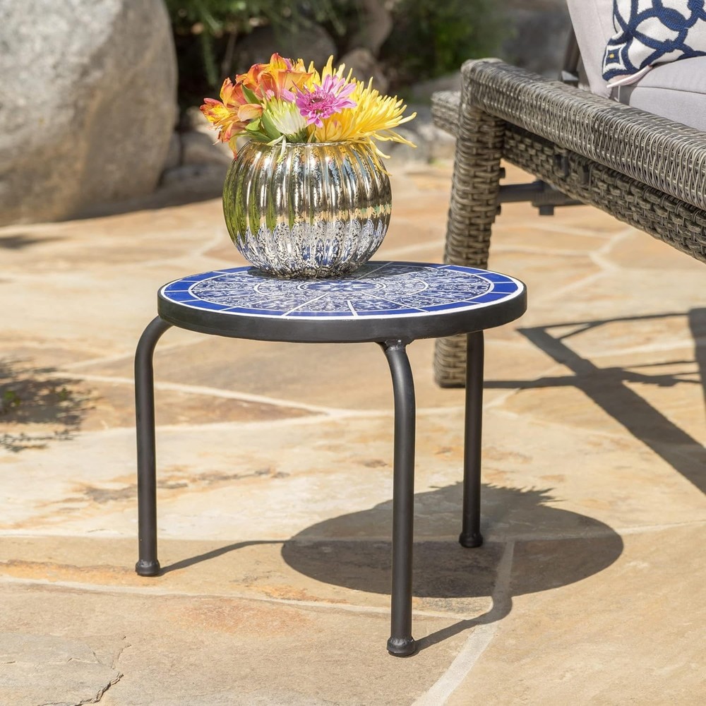 Versatile Ceramic Tile Side Table with Iron Frame - Perfect for Outdoor Decor