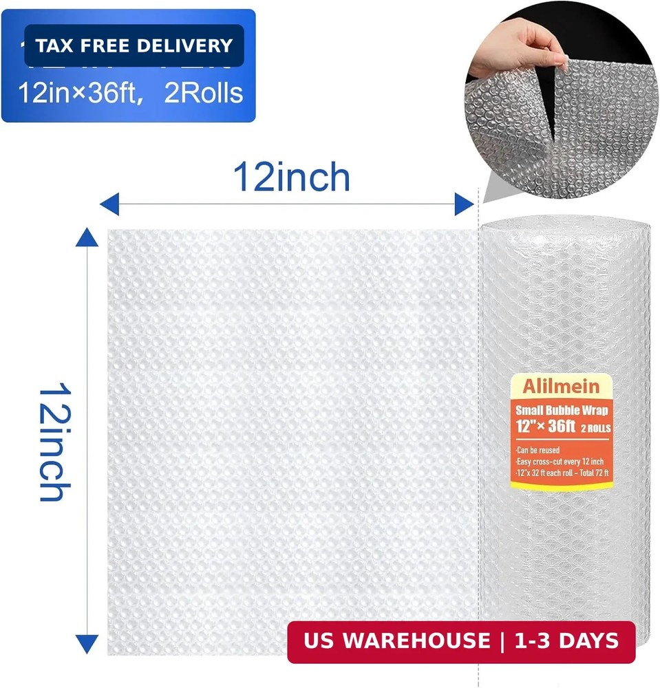 12 inch x 72ft - 2 Pack Total Small Thin Bubble Cushioning Wrap for Extra Protec