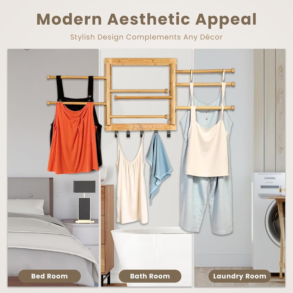 Bamboo Wall Mount Drying Rack for Laundry Collapsible Foldable Clothes Dryer