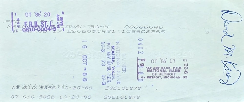 Check/Document - Dave Krieg Seahawks - autographed signed