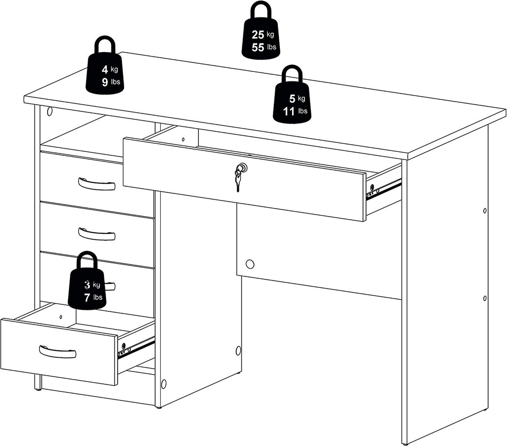 43 in. Rectangular White 5 Drawer Writing Desk with Locking Feature