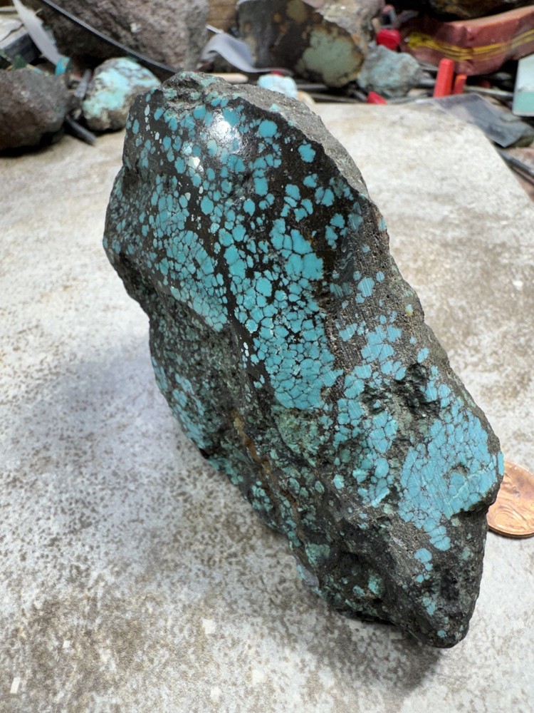 Hubei turquoise rough , solid spiderwebs nuggets in blue color tight pattern