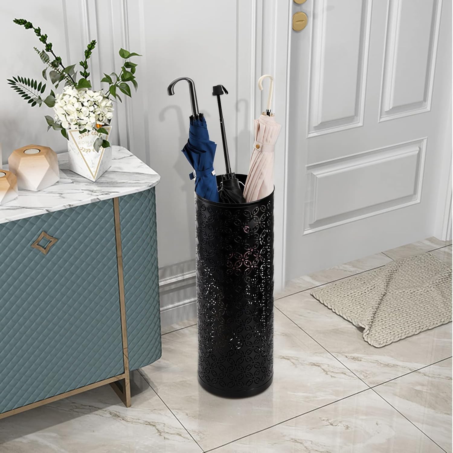 Hacaroa Metal Round Umbrella Stand Rack, Free Standing Umbrella Holder Bin, Cane