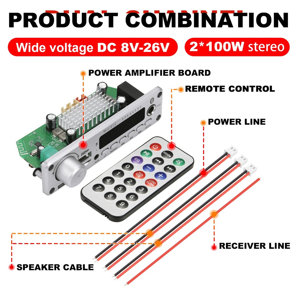 200W Bluetooth Amplifier DIY MP3 WAV Decoder Board - Wireless 12V Power
