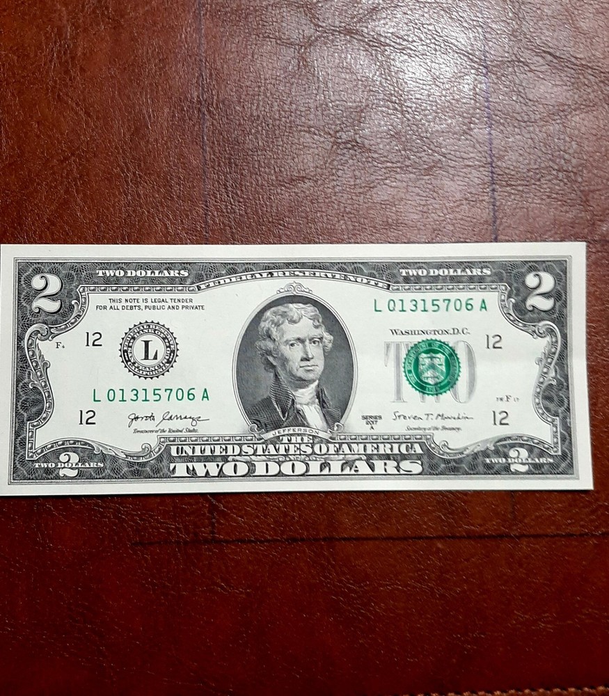 2017 $2 shift error green seal & serial number shifted far up+ misaligned print