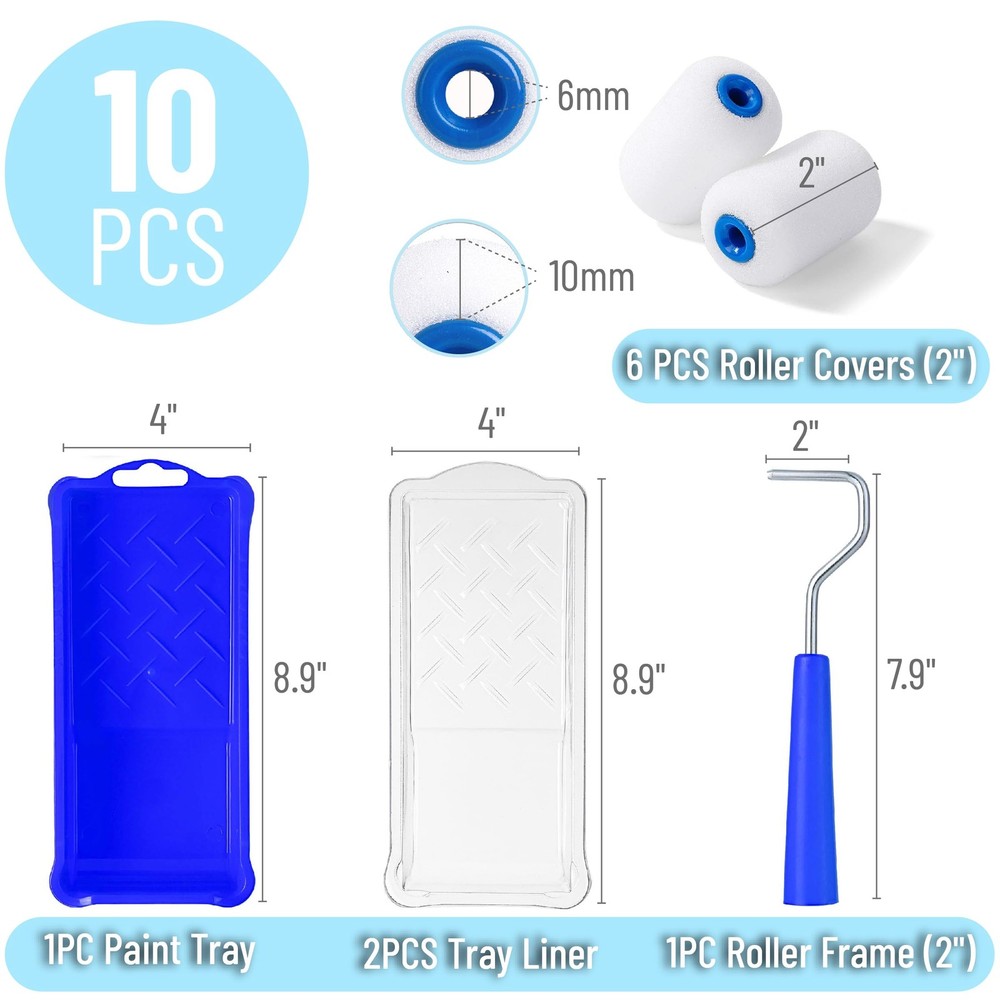 2 Inch Foam Paint Roller Kit 10 pcs with Tray Liners Roller Frame Mini Covers