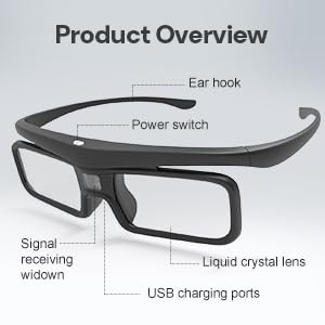 AWOL VISION DLP Link 3D Glasses, Rechargeable Active Shutter 1 Pack, Black