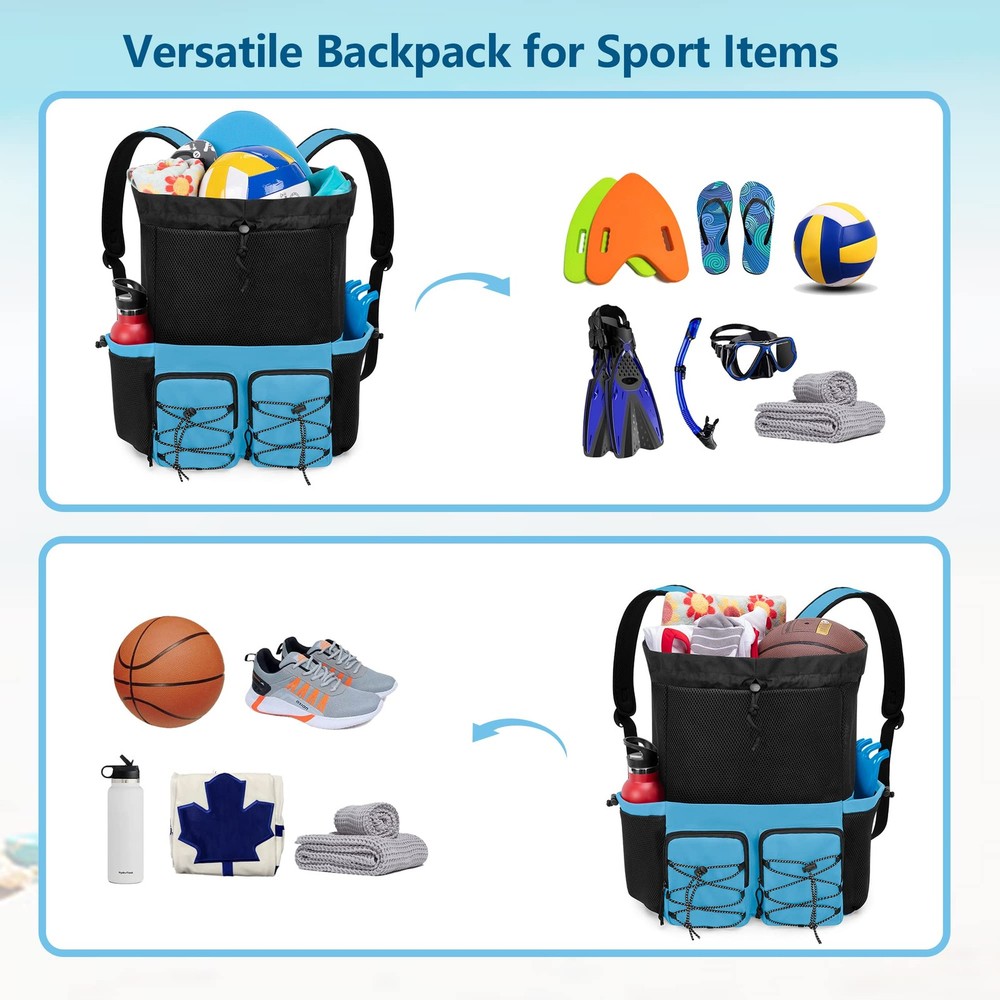 Mesh Beach Bag Backpack with Waterproof Bag and Pocket, Large Drawstring Swim...