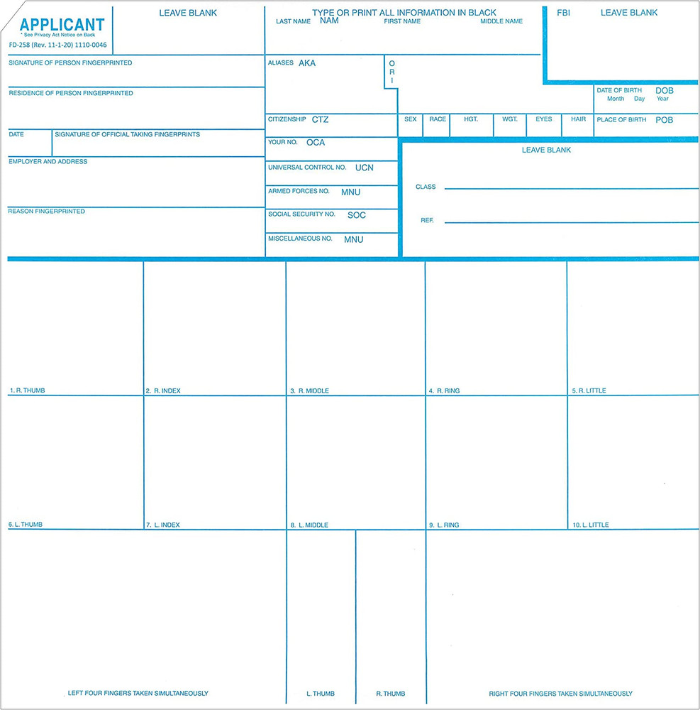 Fingerprint Cards, Applicant FD-258 (250 Pack)