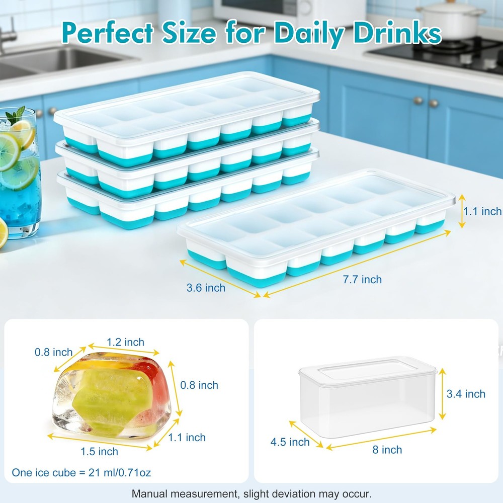 NFK Ice Cube Tray with Lid & Bin - 4 Pack 48 Cubes Stackable Silicone Blue