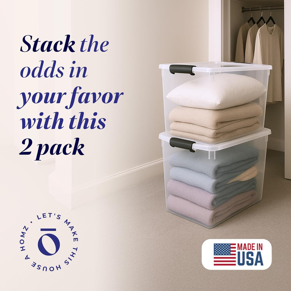2-Pack Latching Lid, Large Clear Plastic Storage Bins W/Lids, 112 Quart, Gray La