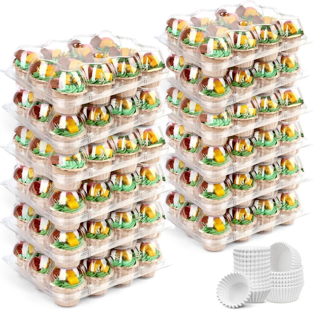 Durable Plastic Cupcake Boxes - 12 Count With Tall Dome Lid & Liners Included