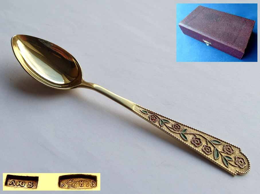 Set, 6 Beautiful Teaspoons/ Spoons, Russia, Enamel, 875 Silver E541