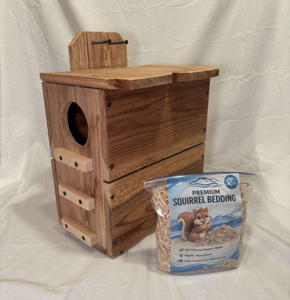 Solid Cedar Backyard Squirrel House Nesting Box - Wooden Wildlife Box W Bedding