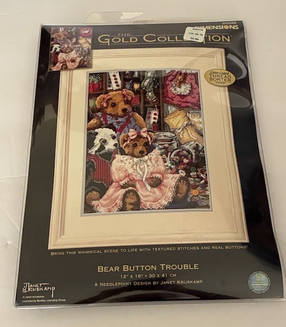 2006 Dimensions Gold Collection Needlepoint Kit #20048 BEAR BUTTON TROUBLE
