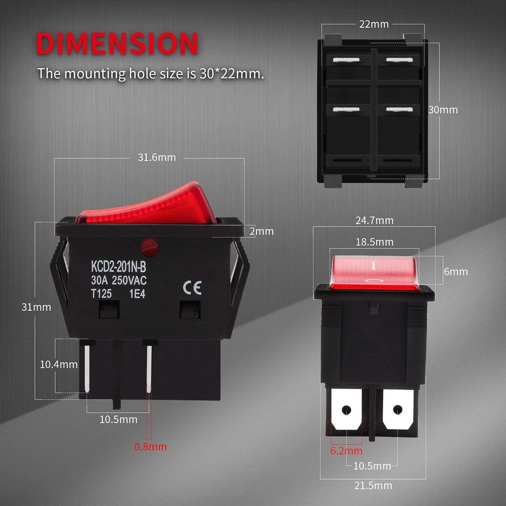Reliable 30A DPST Rocker Switch - Red Lighted Switch for Home Devices - 3 Pack