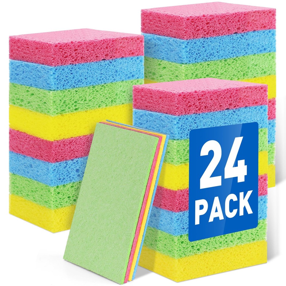 24 Pack Compressed Cellulose Sponge, Non Scratch Kitchen Sponges for Dish Cle...