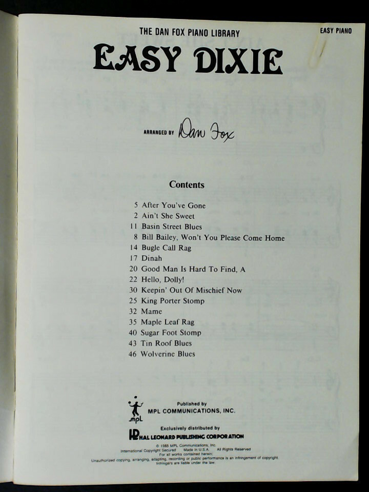 Easy Dixie Dan Fox Piano Library (Easy Piano) 1985