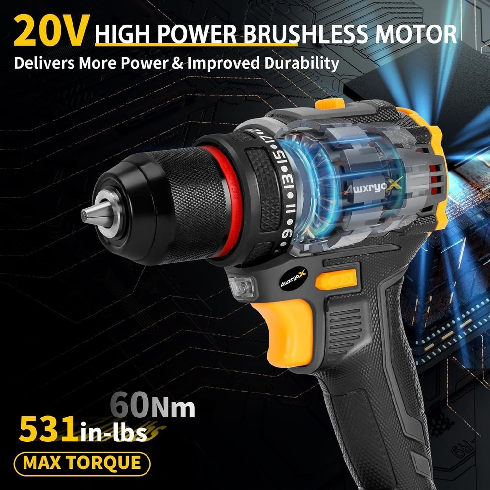 Brushless Compact Drill Tool Set, 60N.m 20V Cordless Drill Tool Box with 2 Ba...