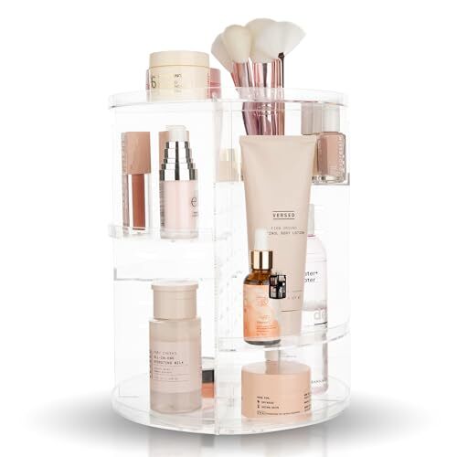 , Rotating Makeup Organizer - Adjustable Shelf Height and Fully Clear