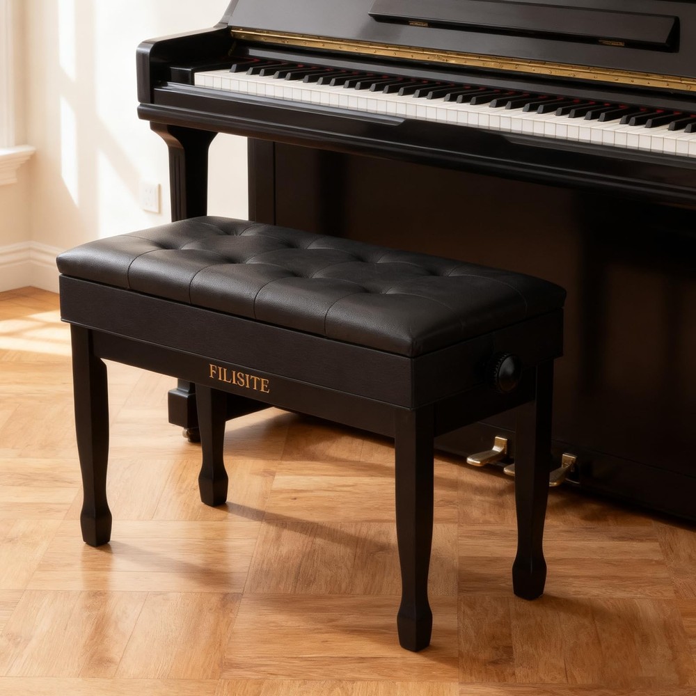 Adjustable Height Piano Bench with Storage, Solid Wood Duet Keyboard Stool, W...