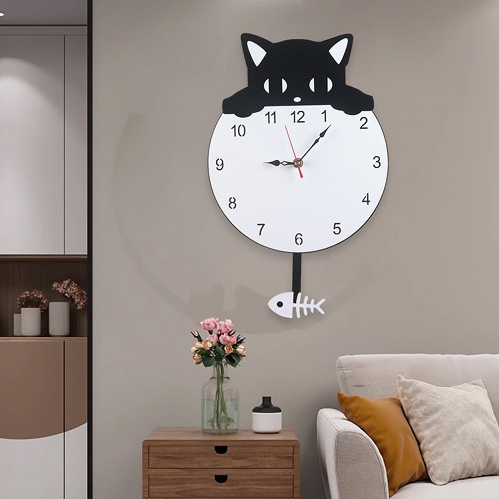 Charming Black Cat Wall Clock in Acrylic for Practical Time Management