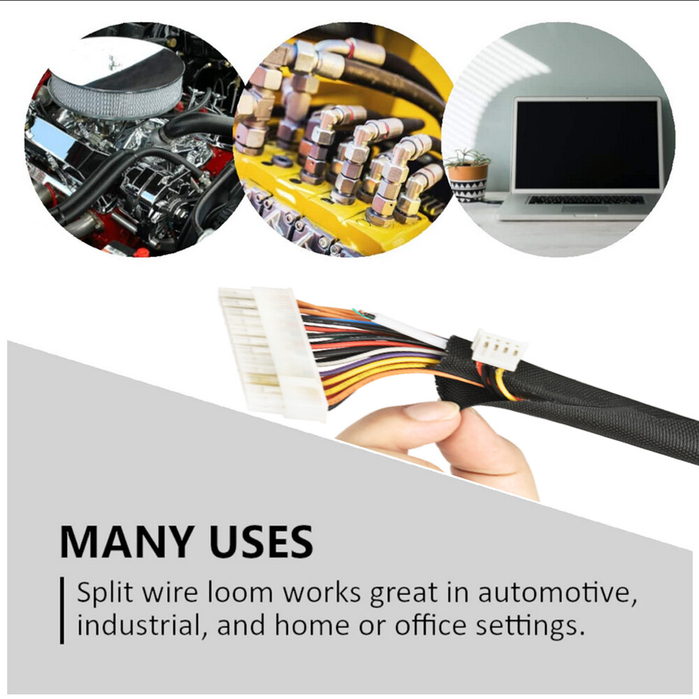 Split Braided Cable Sleeve Self-Wrap Wire Loom for Auto Harness Protection Black