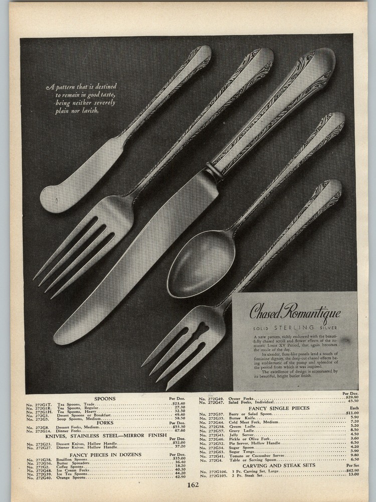 1938 PAPER AD Sterling Silver Silverware Mastercraft Chased Romantique Pattern