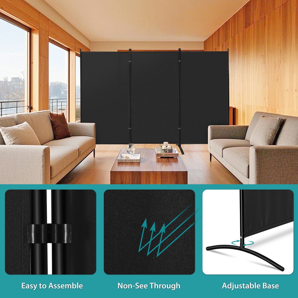 3 Panel Rolling Room Divider Folding Wall Divider for Office Restaurant Black