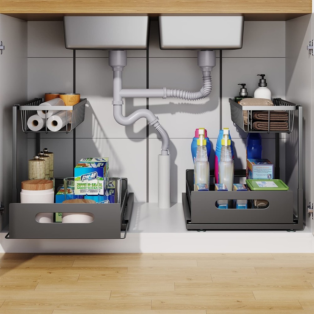 Under Sink Organizer, 2 Tier Pull-Out Cabinet Storage Shelf, Rust-Resistant M...