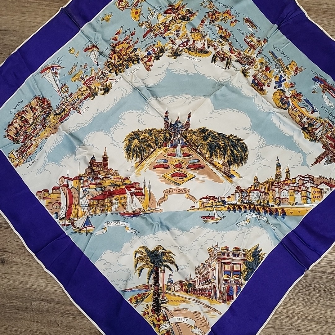 Vtg 50s/60s Côte d'Azur Silk Souvenir Scarf - French Riviera Map Mermaid 30"