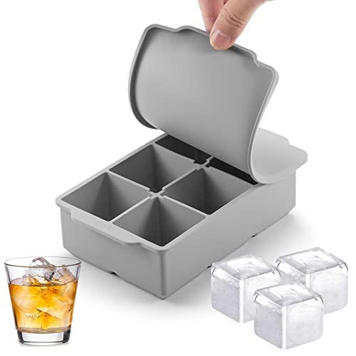 Large Ice Cube Tray with Lid, Stackable Big Silicone Square Ice Grey(1 Pack)