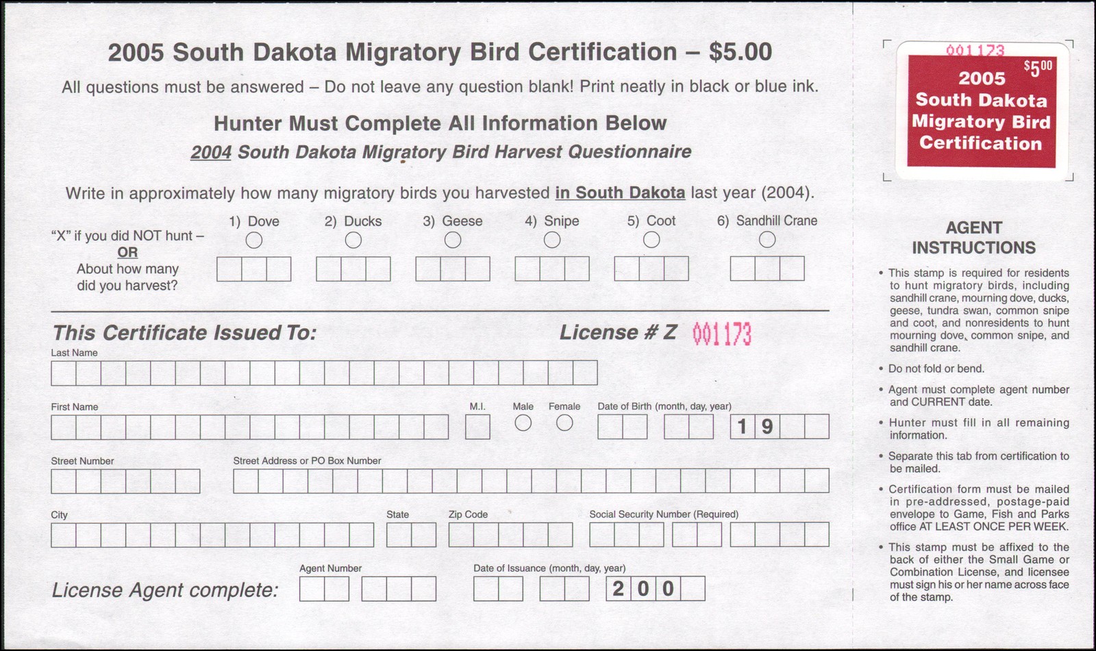 US state revenue-South Dakota MNH 2005 duck stamp with certification