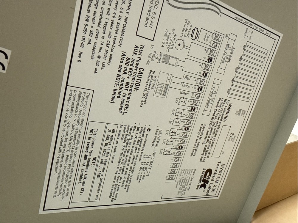 C&k Systems MASADA 236/c/c Control Alarm Panel C & K