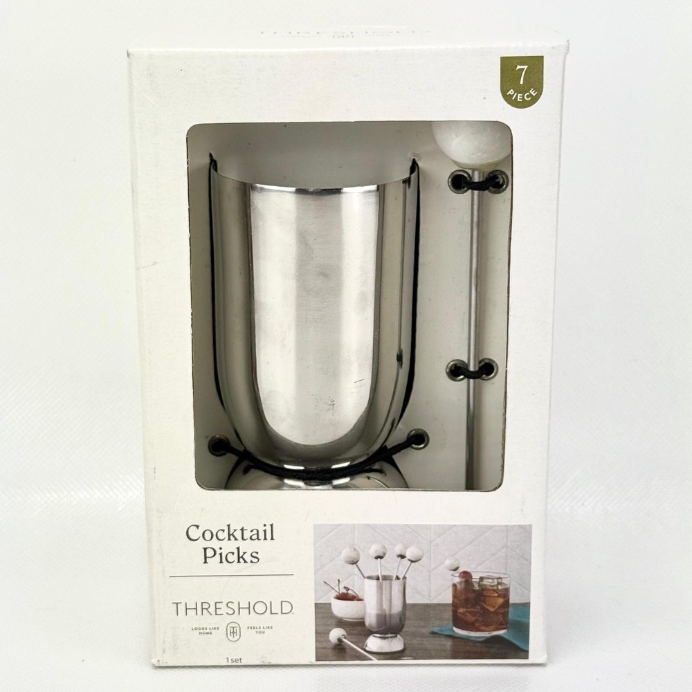 Cocktail Picks Silver Holder White Marble Picks 7 Pc Set Barware Threshold