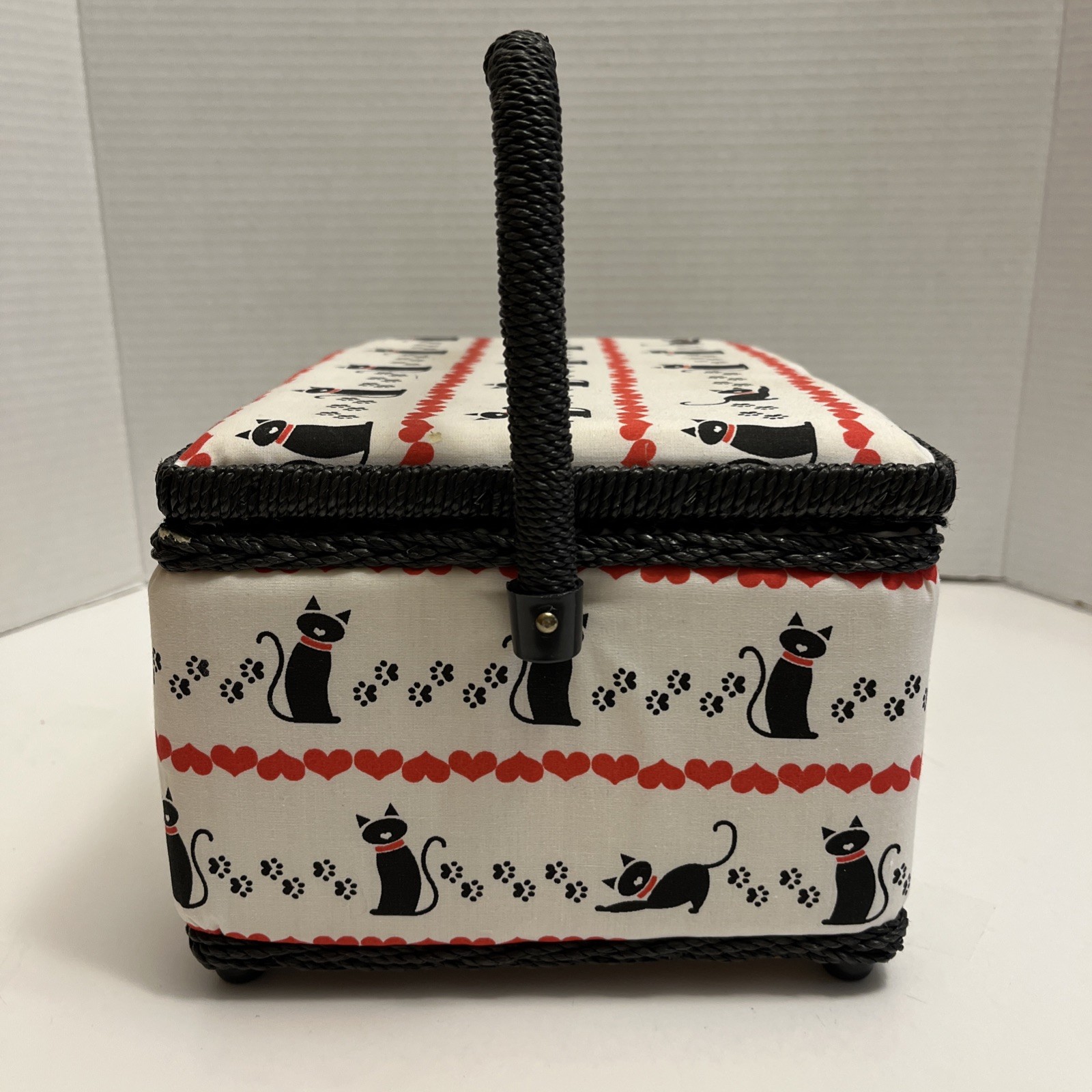 Sewing Basket Cat Print Padded Box Pin Cushion Accessories Storage Snap Closure