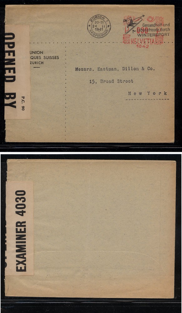 Switzerland  meter cover  , censor to  US  1941          MS0903