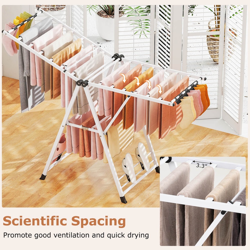 Foldable Metal Laundry Drying Rack w/Height Adjustable Wings, 18 Drying Rails