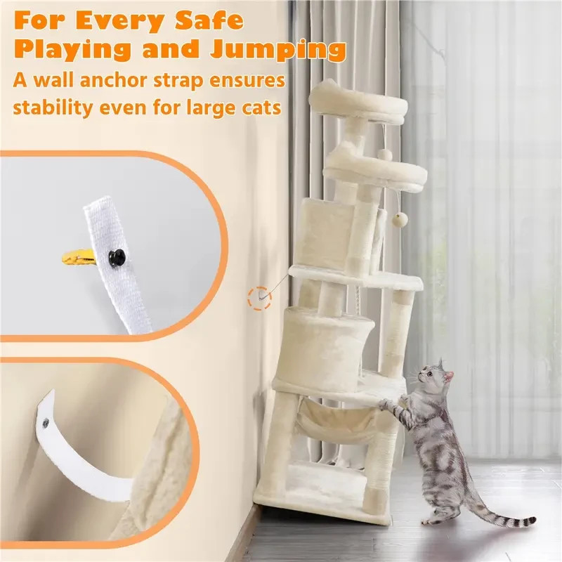 62.5" Multi-Level Cat Tree Tower w/ 2 Condos, Hammock & Scratching Posts Beige