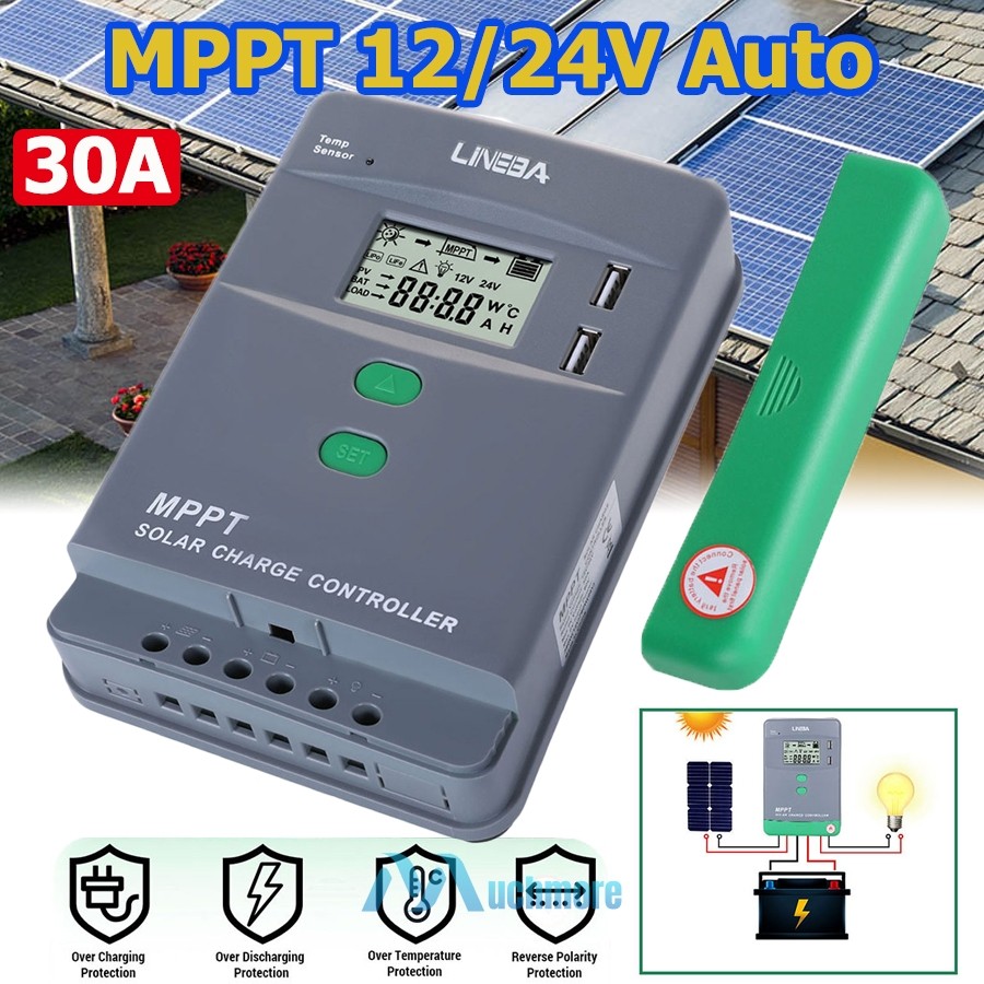 LCD 30A MPPT Solar Panel Regulator Charge Controller 12V/24V Auto Focus Tracking