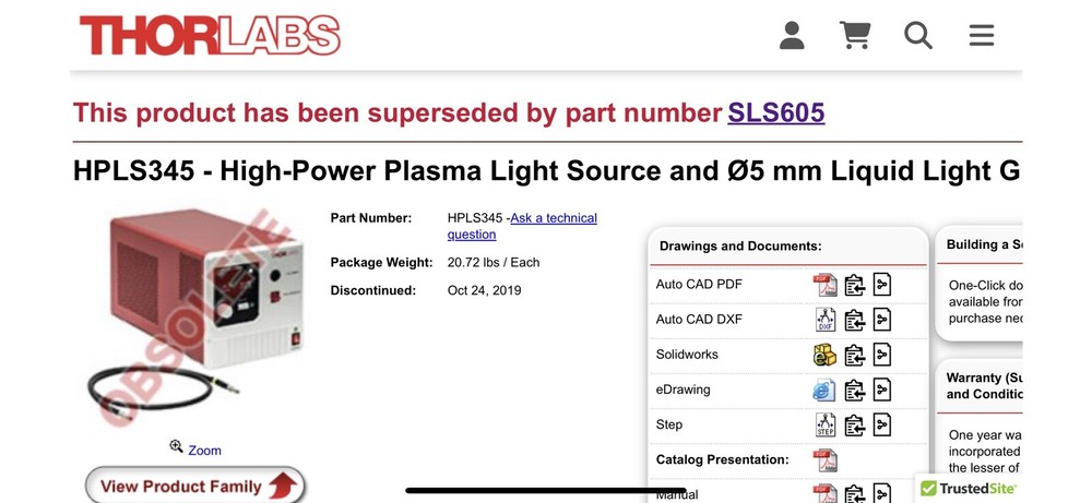 Thorlabs Plasma Light Source HPLS345 w/ Light Guide