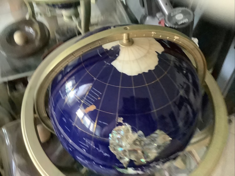 13" Semi-precious Stone Globe w/ Brass Stand & Compass