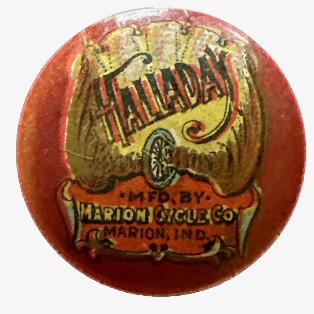 1895 Halladay Marion Cycle Co Marion IN Winged Wheel  Stud Back Celluloid Button