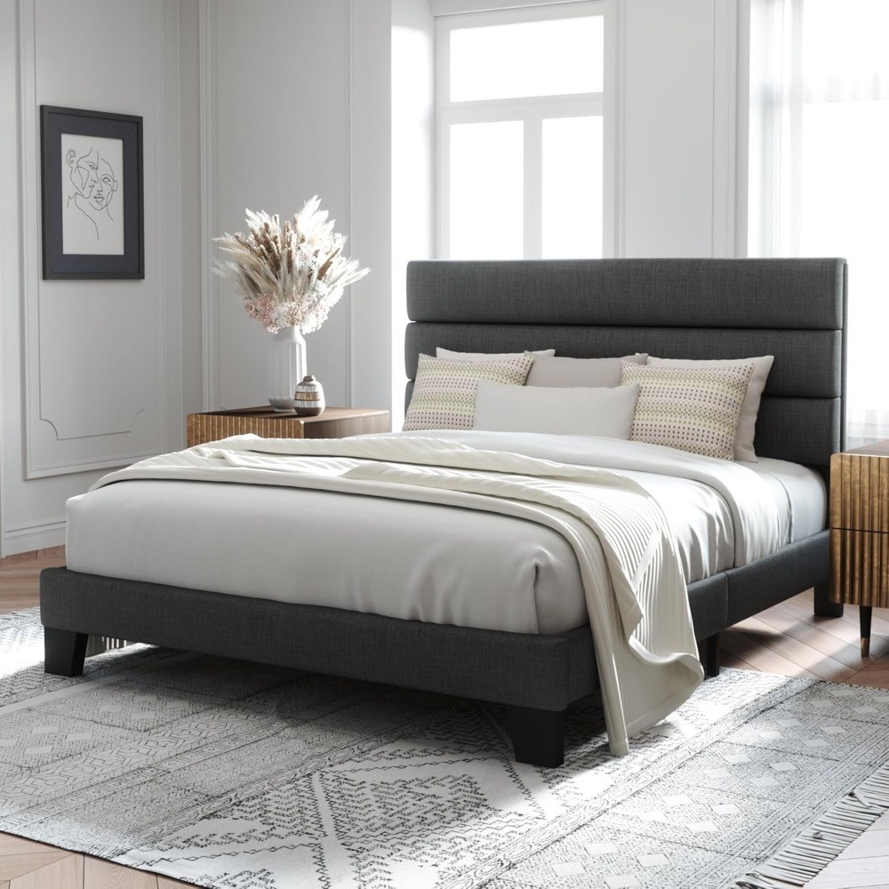 Queen Size Platform Bed Frame with Upholstered Headboard and Wood Slats Support,