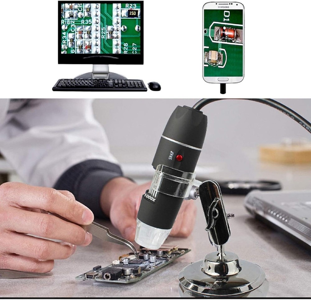 Compact USB Microscope 1.2"x1.2" for 40-1000X Magnification with Adjustable LED