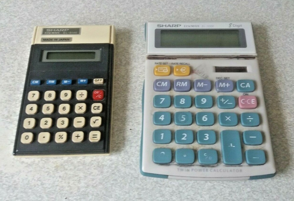 2 X VINTAGE / RETRO CALCULATORS - SHARP ELSIMATE 8146 & 330E