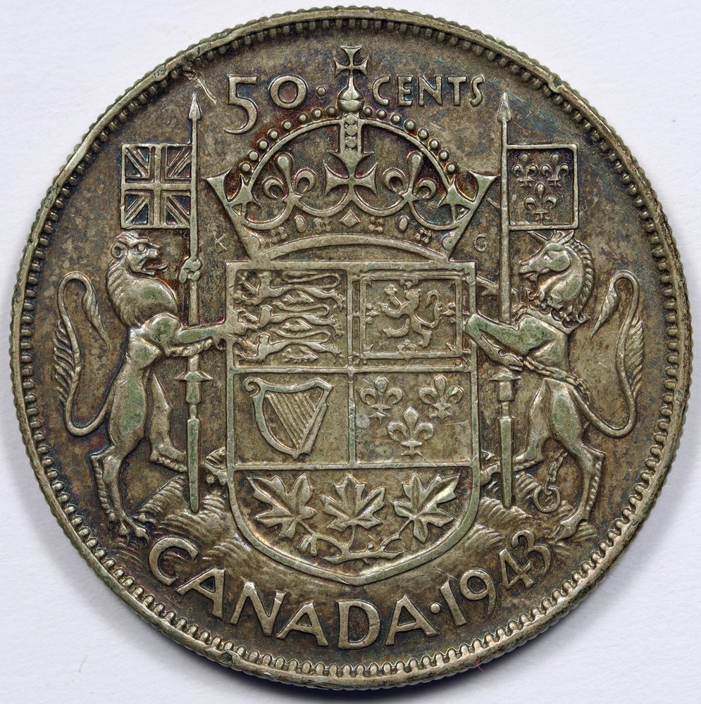 1943 50c Canada Silver Half Dollar - No Mint Mark XF