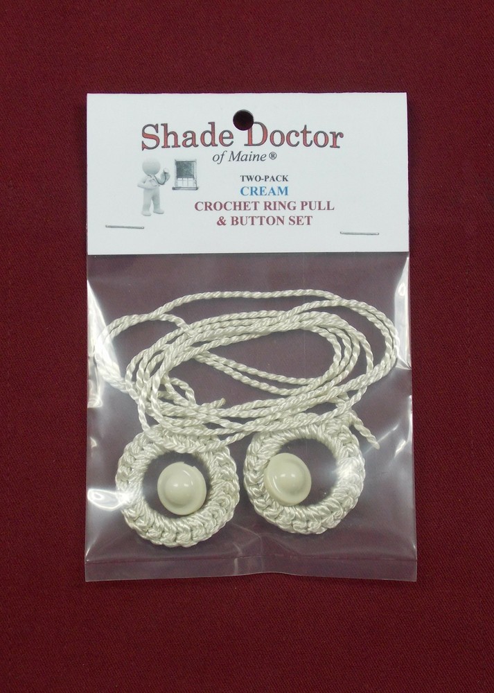 Roller Window Shade CREAM Crochet RING PULLS with Higbee Screw Buttons (2-Pack)