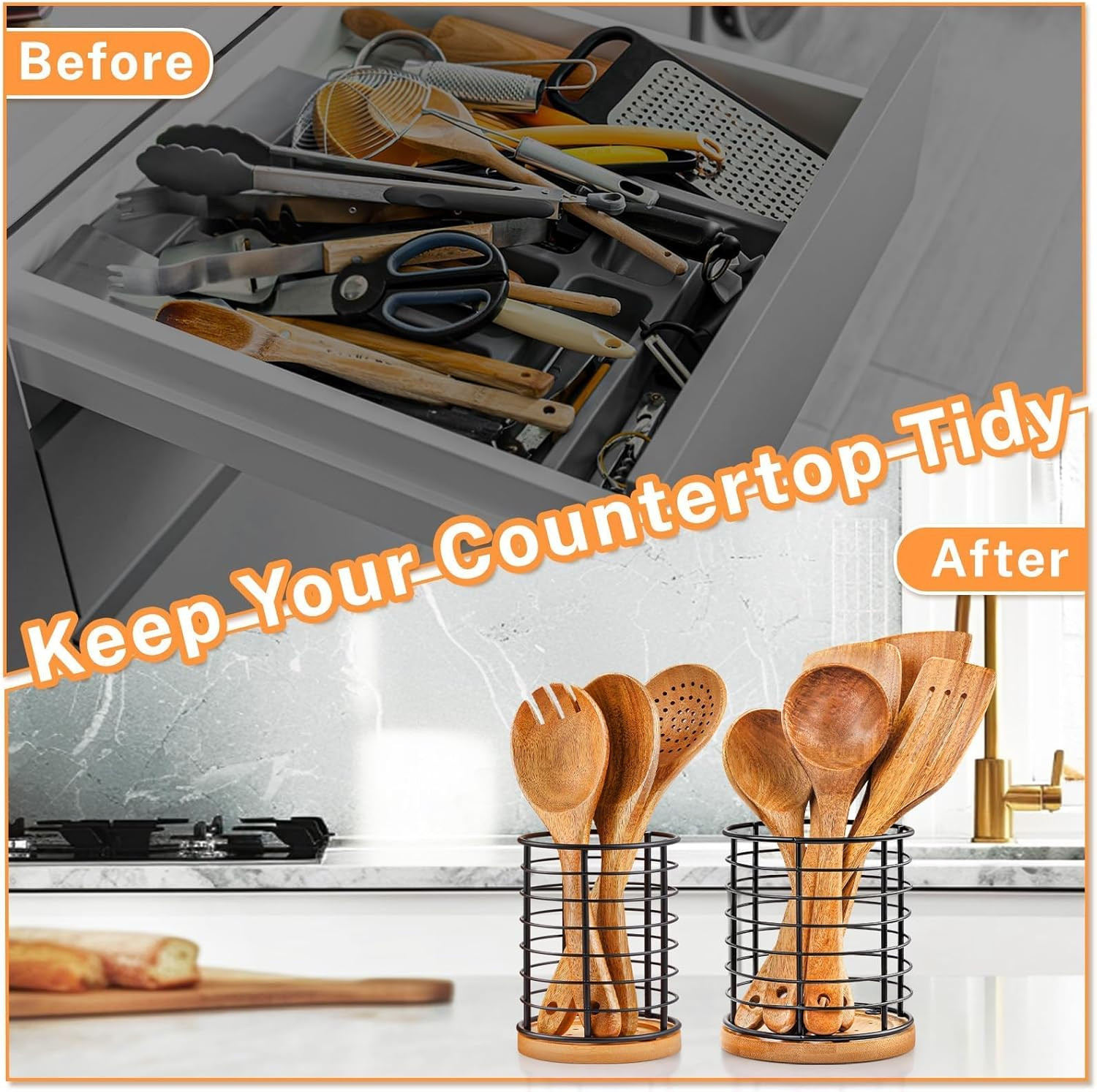 2-Piece Utensil Holders - 5.1*5.1*5.8 and 3.7*3.7*5.8 Inches Kitchen Utensil Hol