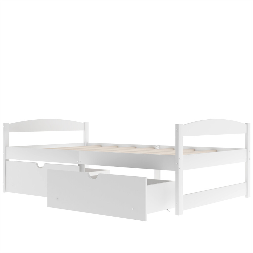 Twin Size Platform Bed Two Drawers White Solid Wood Frame Simple Single-layer